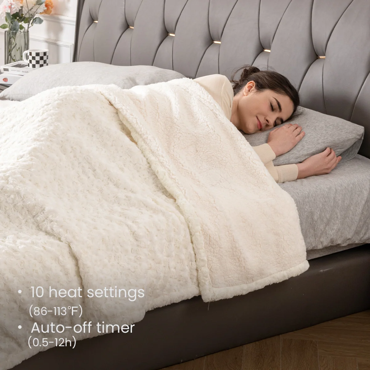 White Faux Fur & Soft Sherpa Electric Heated Blanket with Rose Flower Patterns