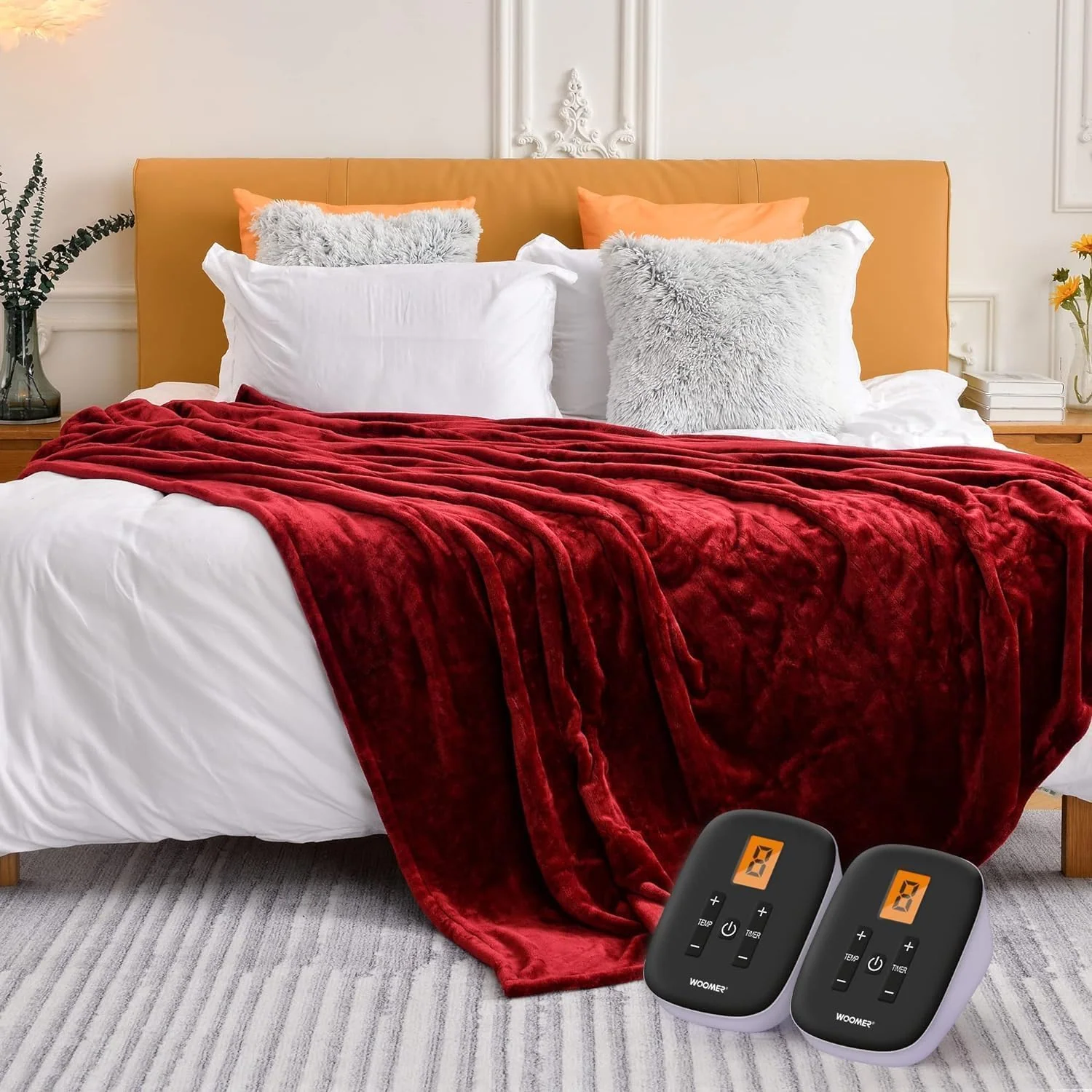 Manta eléctrica de franela suave granate con doble control y 10 niveles de calor