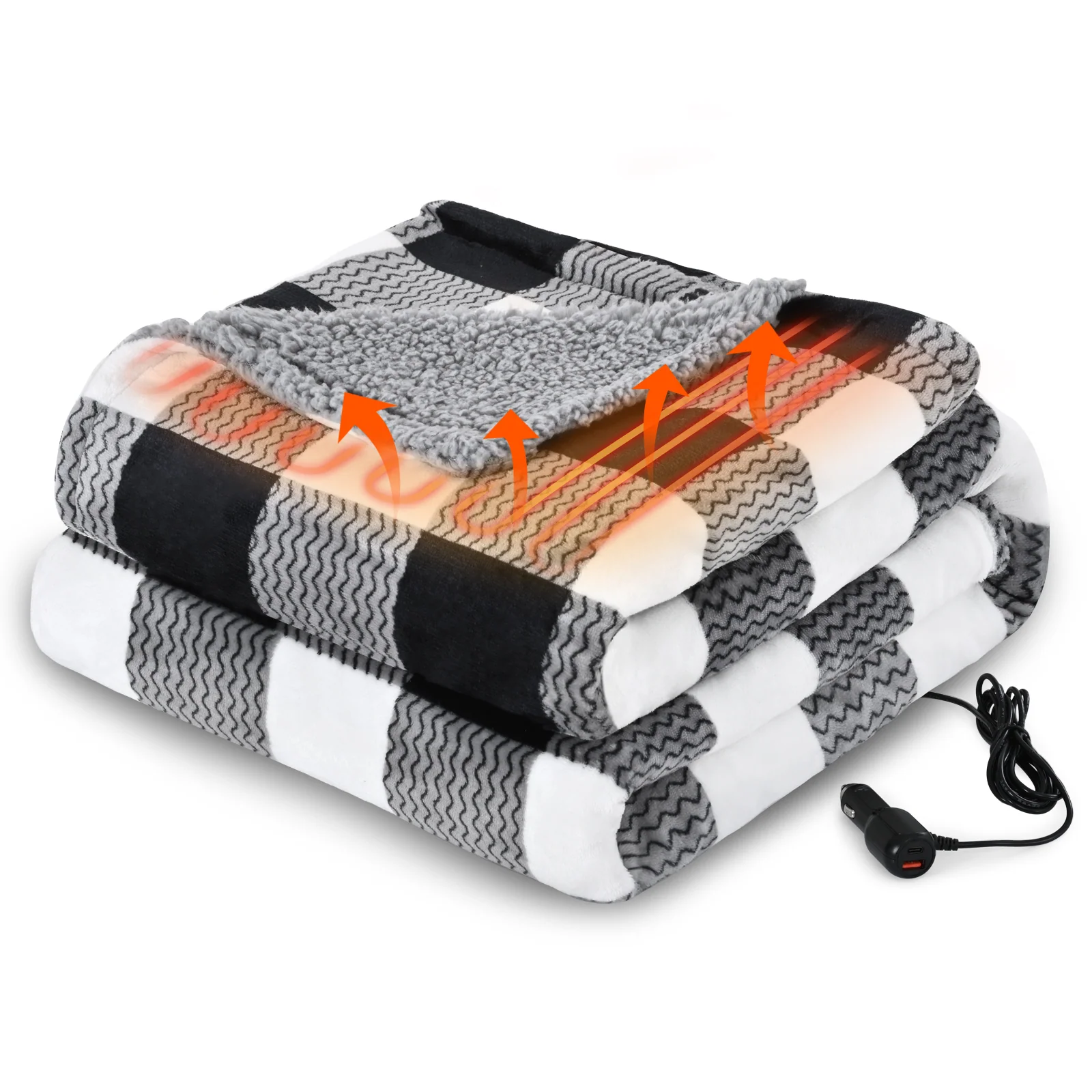 WOOMER 12-Volt Car Heated Blanket, 59 X 43 in Plaid Portable Throw