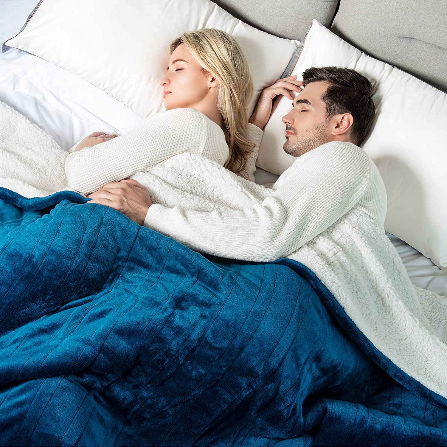 Electric Heating Blanket Navy 77 x 84 Inch Flannel Sherpa Throw