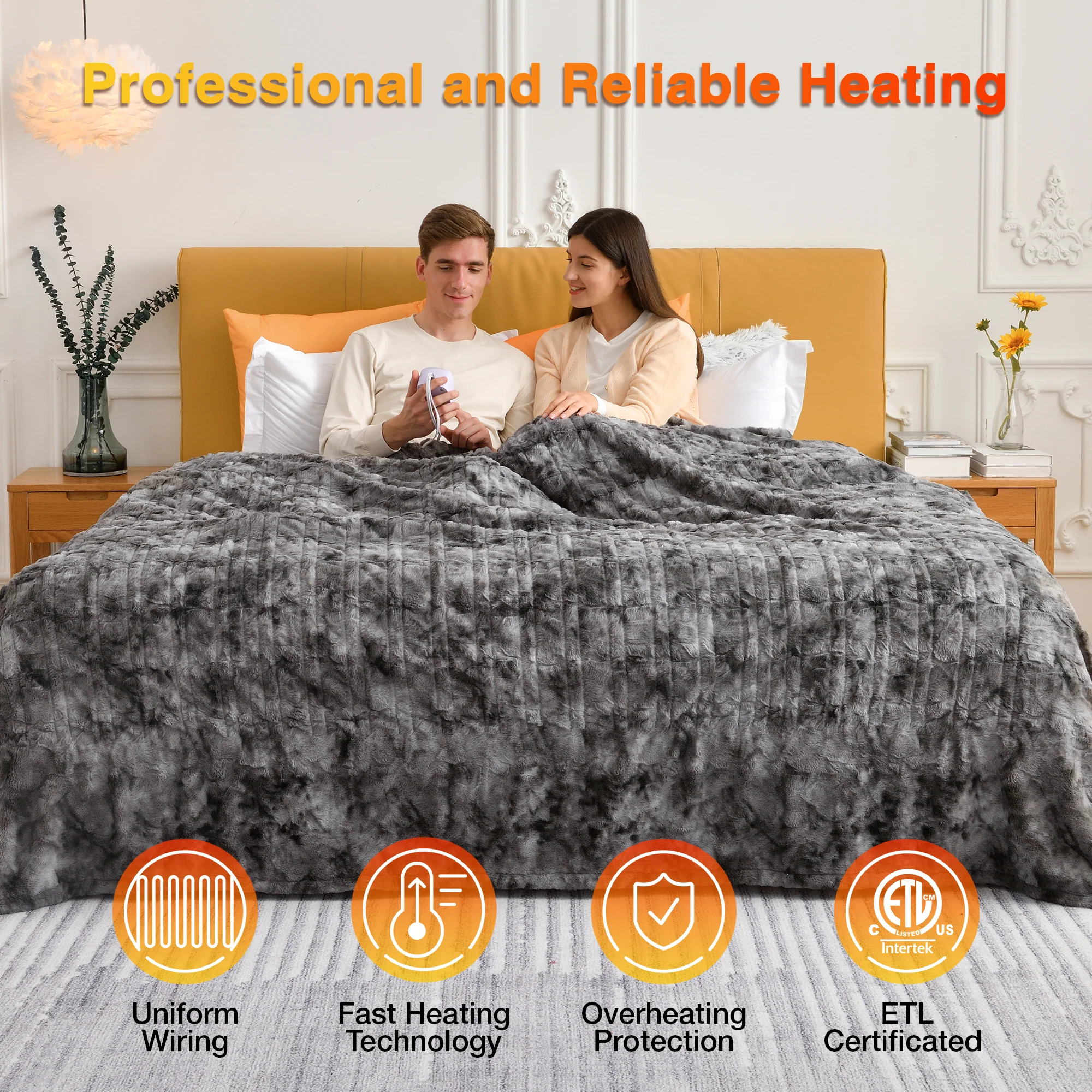 Electric Heating Blanket in Marble Grey, 77 x 84 Inch Faux Fur Microplush