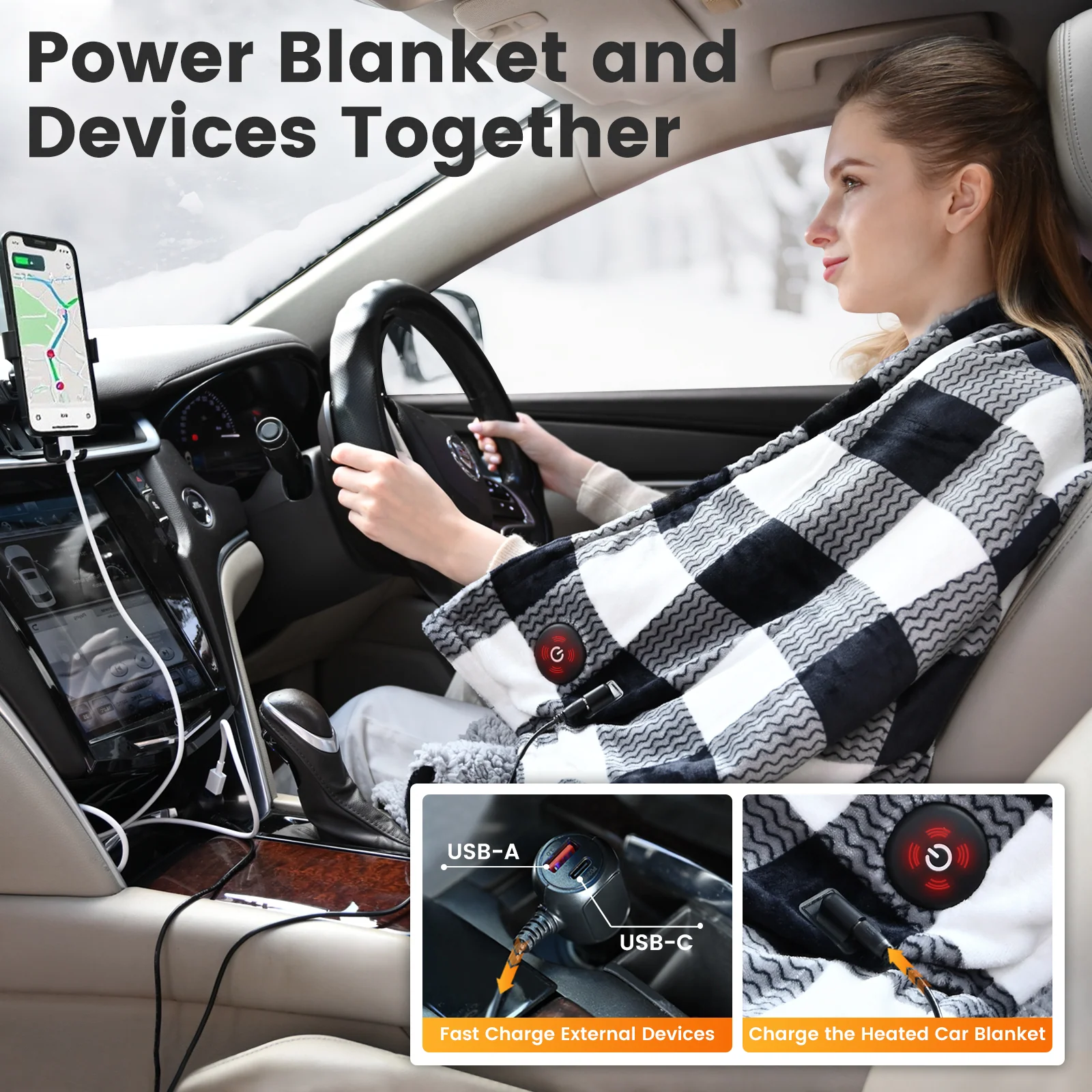 WOOMER 12-Volt Car Heated Blanket, 59 X 43 in Plaid Portable Throw