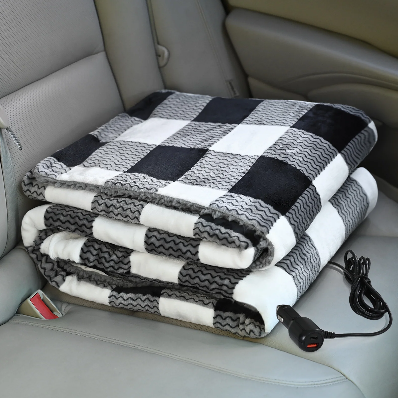 WOOMER 12-Volt Car Heated Blanket, 59 X 43 in Plaid Portable Throw