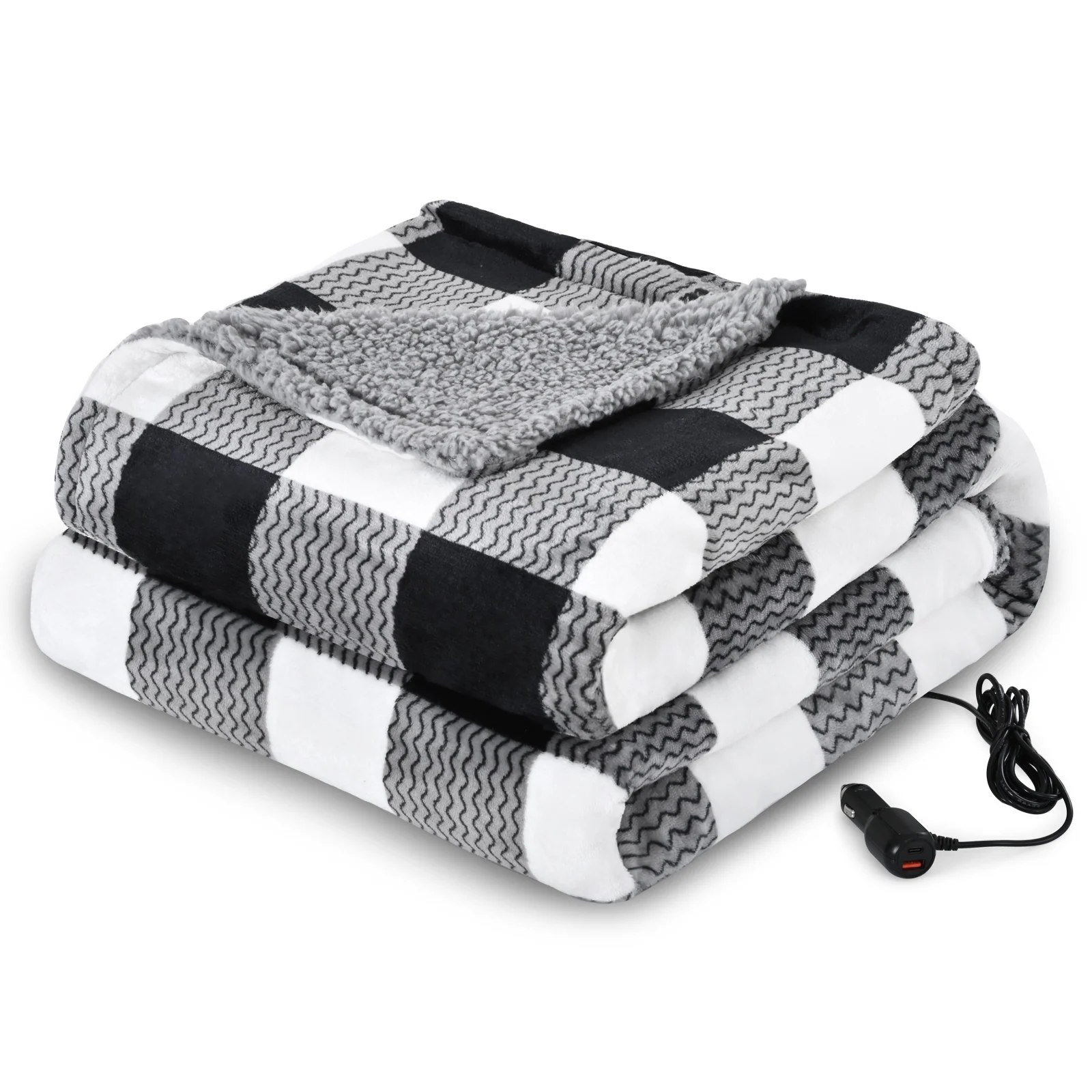 WOOMER 12-Volt Car Heated Blanket, 59 X 43 in Plaid Portable Throw