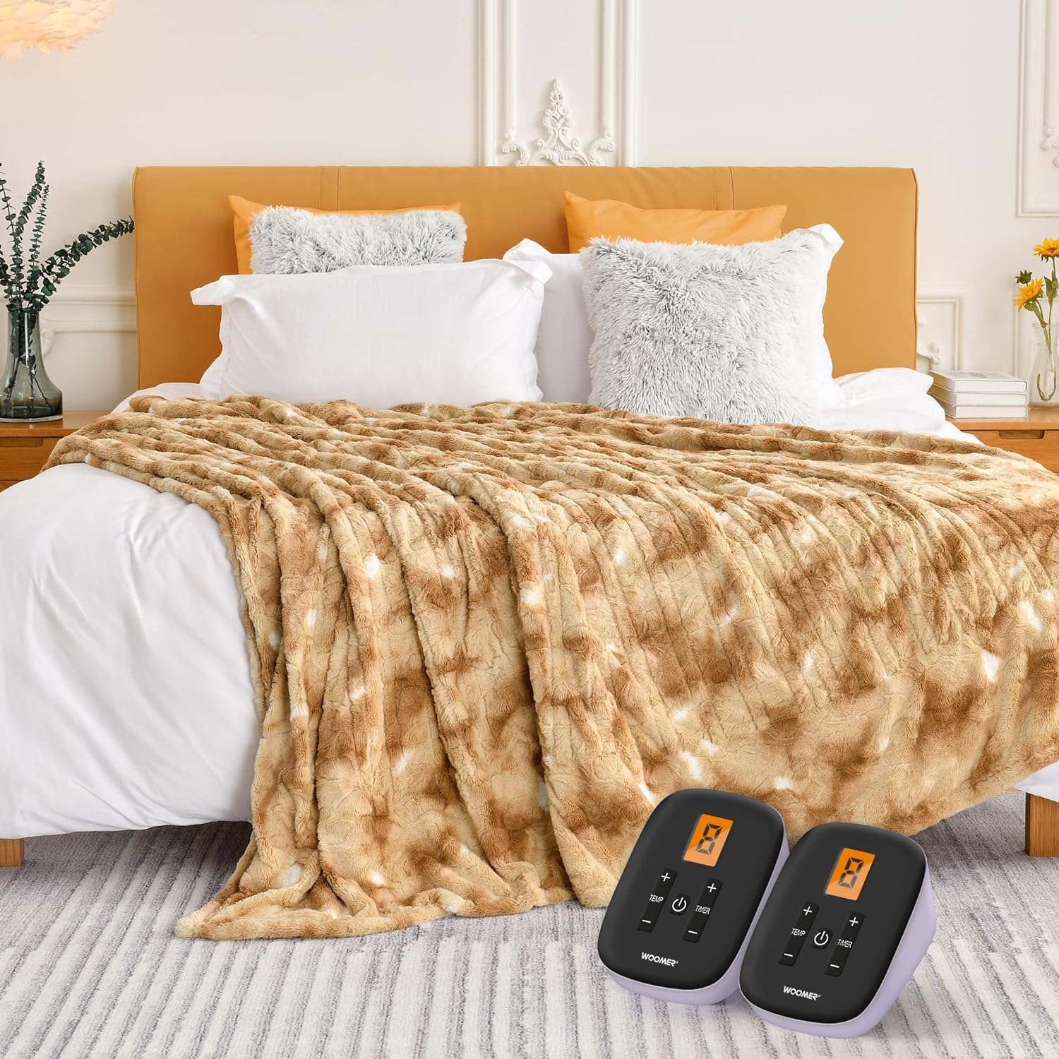 Beige Faux Fur and Sherpa Electric Heating Blanket with 4 Heat Levels