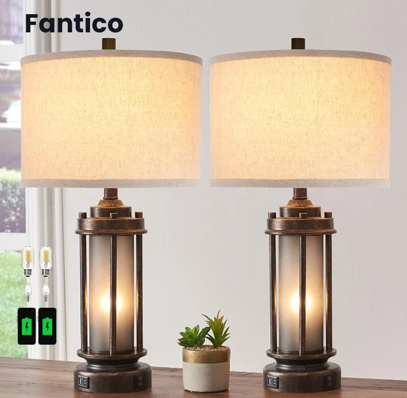 FANTICO 27.5 高農舍風桌燈附 USB C + USB A 充電埠，鄉村風客廳燈具2件組，黑色工業風床頭燈適合臥室客廳床邊桌