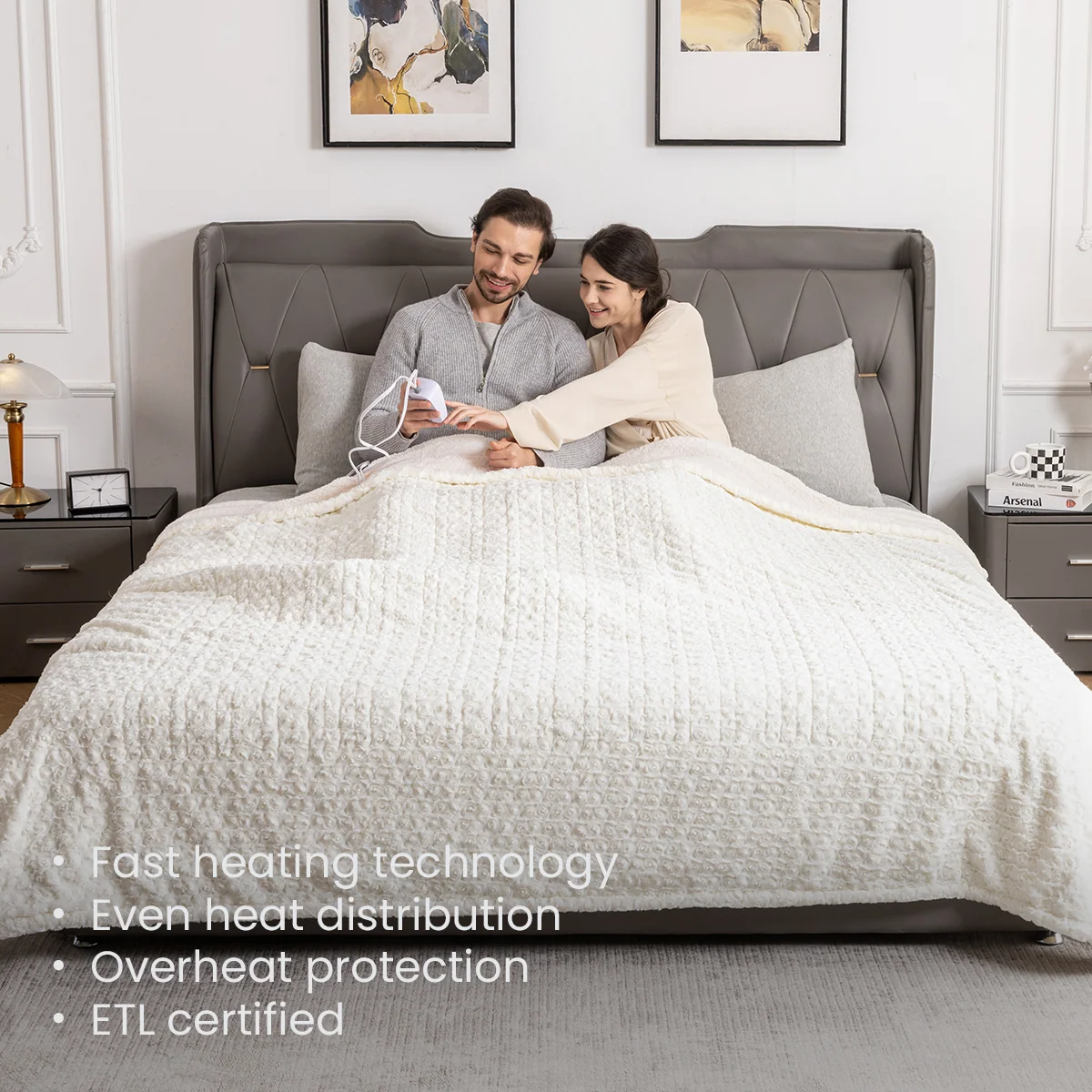 White Faux Fur & Soft Sherpa Electric Heated Blanket with Rose Flower Patterns