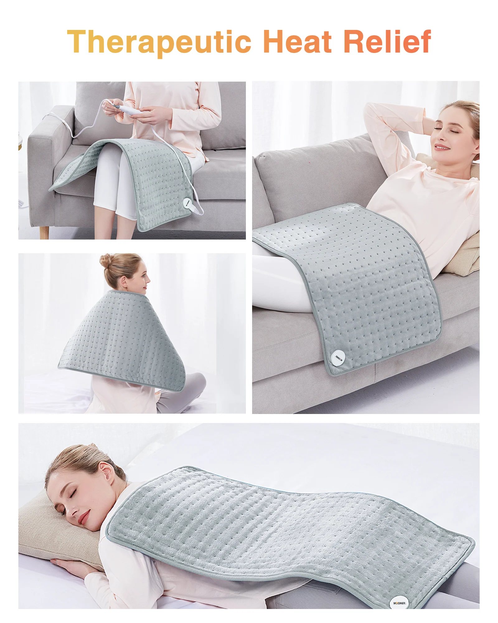 Electric Heating Pad in Gray, 12" x 24" with 6 Heat Settings