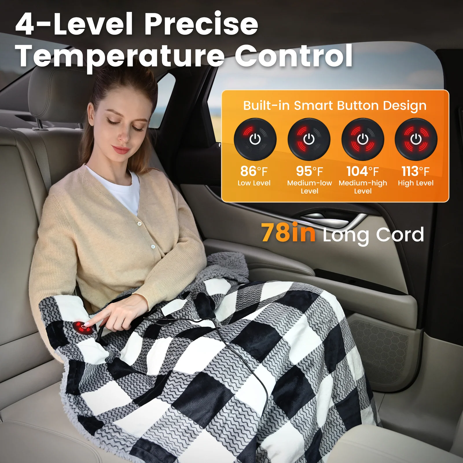 WOOMER 12-Volt Car Heated Blanket, 59 X 43 in Plaid Portable Throw
