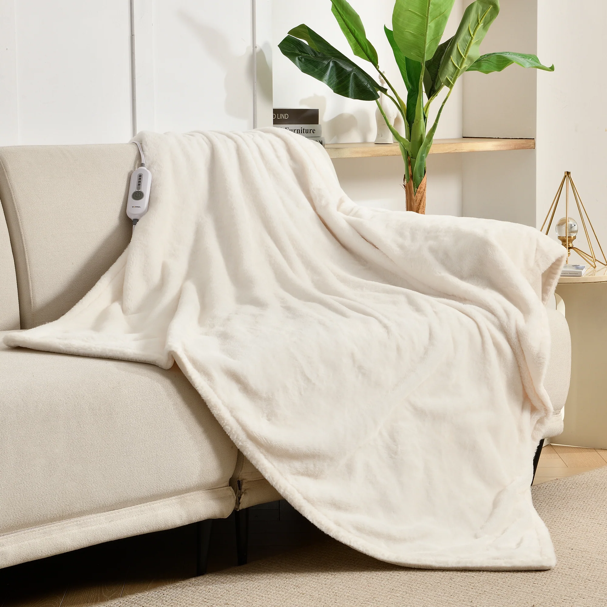 Ivory Faux Rabbit Fur Electric Heating Throw
