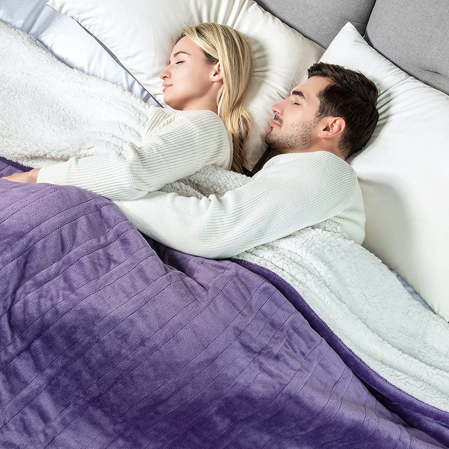 Electric Heating Blanket Purple 90"x 100" Flannel Sherpa, Dual Controller